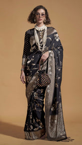 Black and Gold Floral Handloom Weaving Pure Georgette Silk Saree